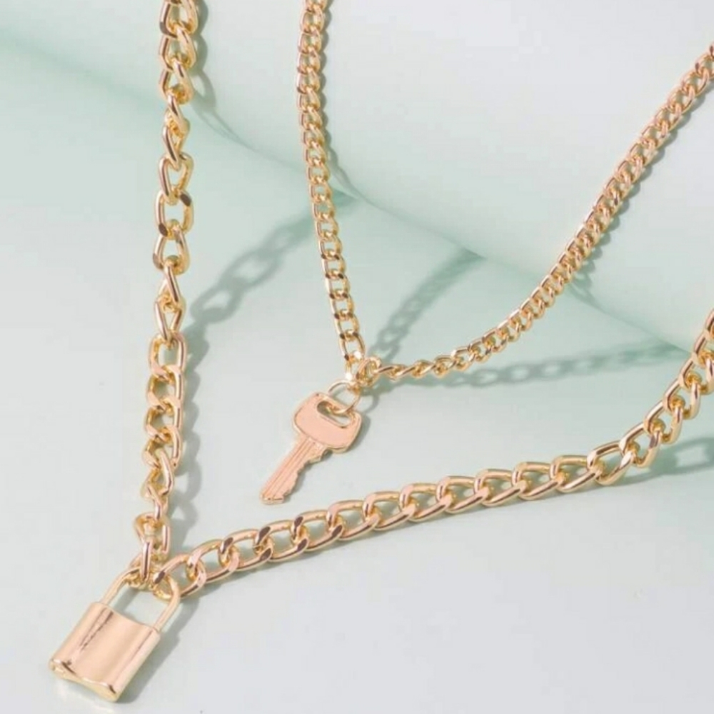 Lock & Key Chain Layered Necklace Set